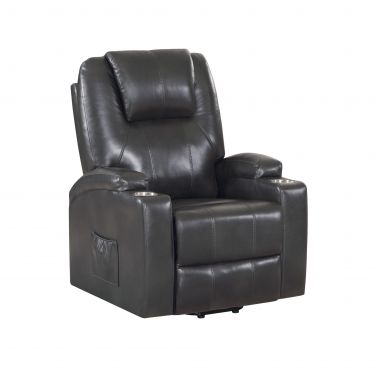 Evander 32"W Cup Holder Recliner w/Power Lift & Massage (Gunmetal Leather Aire)