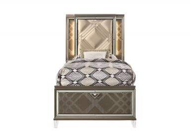 Skylar Upholstered Full Bed w/Storage & LED (LED, Synthetic Leather & Dark Champagne)