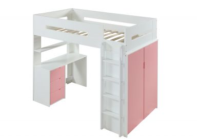 Nerice 78"L Twin Loft Bed w/Desk & Wardrobe (White & Pink)
