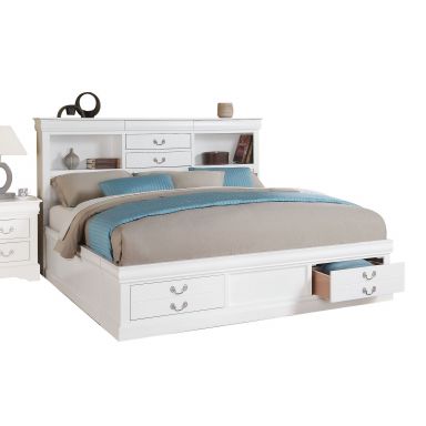 Louis Philippe III  Wooden Queen Bed w/Storage (White)
