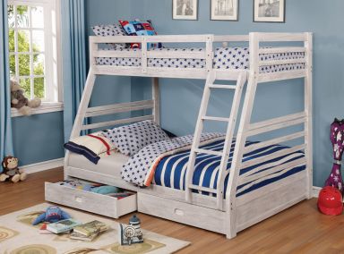 Twin/Full Bunk Bed w/ 2 Drawers, Wire-brushed White