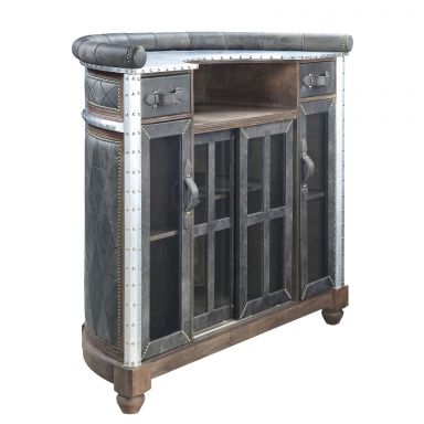 Rahma 2 Drawers Rectangular Bar Table (Antique Ebony Top Grain Leather & Aluminum)