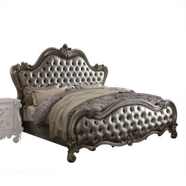 Versailles II Upholstered CK Bed (Silver Synthetic Leather & Antique Platinum)
