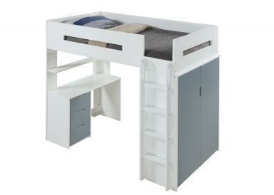Nerice 78"L Twin Loft Bed w/Desk & Wardrobe (White & Gray)