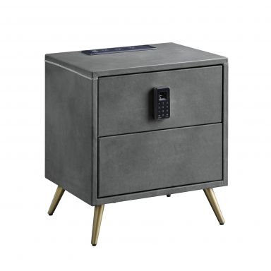 Doris 22"H Top Grain Leather Nightstand w/USB & Electric Lock (Gray Top Grain Leather)