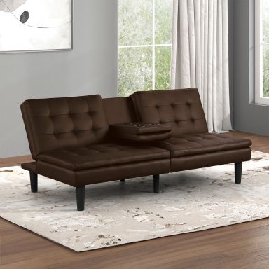 Futon Sofa Bed w/ Drop Down Table, Brown