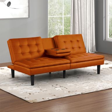 Futon Sofa Bed w/ Drop Down Table, Orange