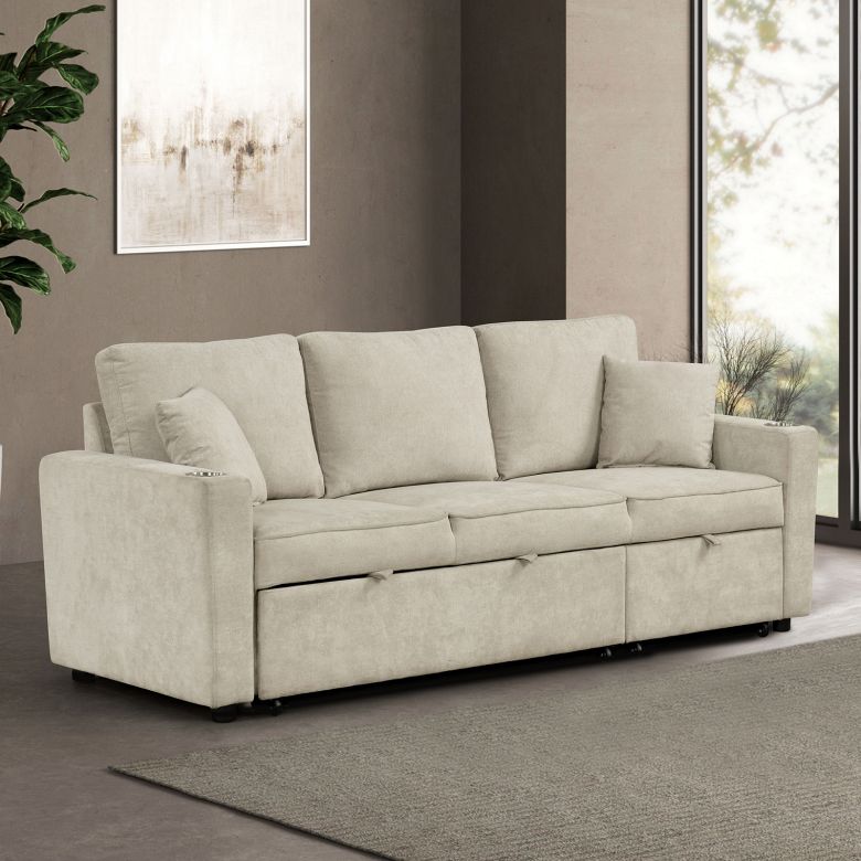 Sleeper Sofa Sectional w/ Cupholder, Beige
