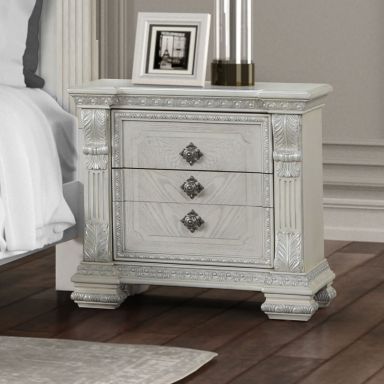 Nightstand w/ Hidden Drawer USB A-C, Wire Brushed White