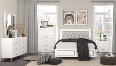 Casilda Upholstered Eastern King Bed w/LED (Gray Synthetic Leather & White Finish)