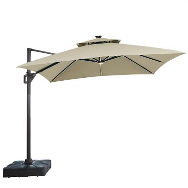 10' Square Umbrella, Double Top, LED Bulb + Control, Tan
