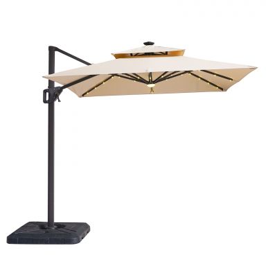 8' Square Umbrella, Double Top, LED Light, Tan