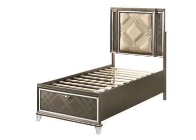 Skylar Upholstered Twin Bed w/Storage & LED (LED, Synthetic Leather & Dark Champagne)