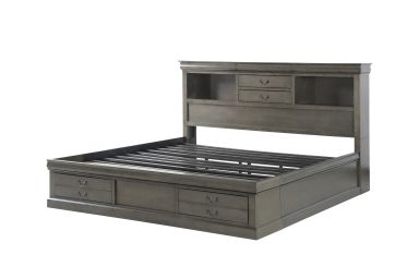 Louis Philippe III  Wooden Eastern King Bed w/Storage (Dark Gray)