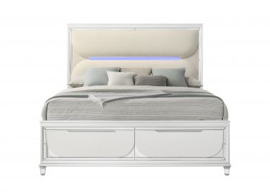 Tarian Upholstered Eastern King Bed w/Storage & LED (White Boucle & Pearl White Finish)