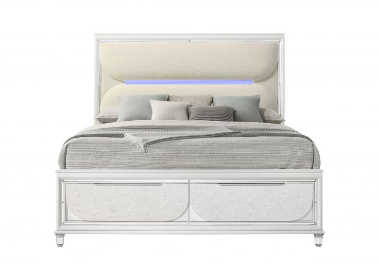 Tarian Upholstered Eastern King Bed w/Storage & LED (White Boucle & Pearl White Finish)