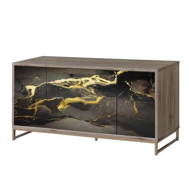 Payo 65"L Console Cabinet (Black Marble Paint, Oak & Champagne)