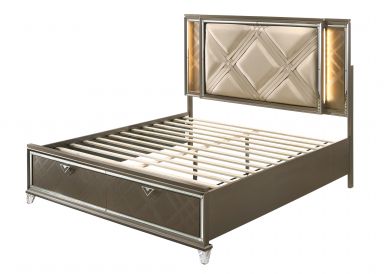 Skylar Upholstered Eastern King Bed w/Storage & LED (LED, Synthetic Leather & Dark Champagne)