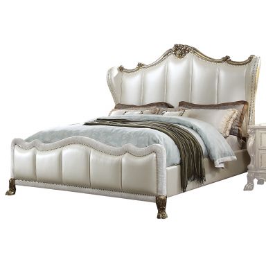 Dresden II Upholstered CK Bed (Pearl White Synthetic Leather & Gold Patina)