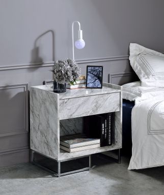 Azrael 1 Drawer Rectangular Accent Table (White Engineered Stone & Chrome Finish)