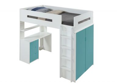 Nerice 78"L Twin Loft Bed w/Desk & Wardrobe (White & Teal)
