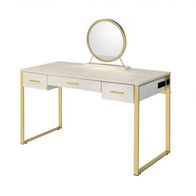 Myles 3 Drawers Vanity Set w/USB (Antique White & Champagne Finish)