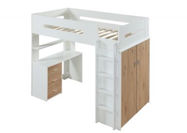 Nerice 78"L Twin Loft Bed w/Desk & Wardrobe (White & Oak)