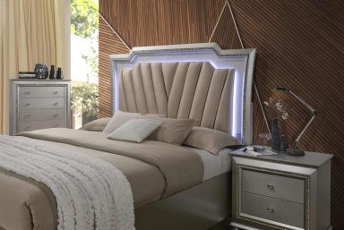 Kaitlyn Upholstered CK Bed w/Storage & LED (Synthetic Leather & Champagne)