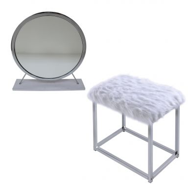 Adao 19"Dia Vanity Mirror & Stool (Faux Fur, Mirror, White & Chrome Finish)