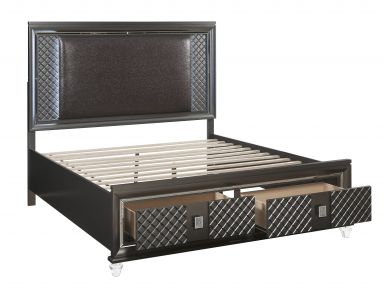 Sawyer Upholstered Queen Bed w/Storage & LED (Synthetic Leather & Metallic Gray)