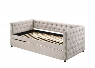 Romona Upholstered Daybed w/Trundle (Twin) (Beige Fabric)
