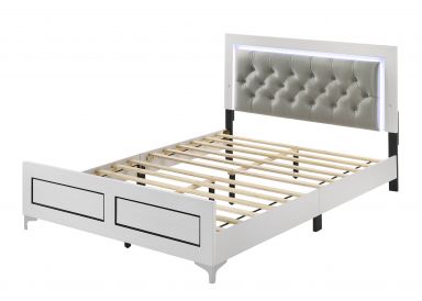 Casilda Upholstered Queen Bed w/LED (Gray Synthetic Leather & White Finish)