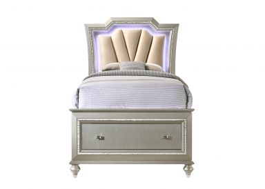 Kaitlyn Upholstered Full Bed w/Storage & LED (Synthetic Leather & Champagne)