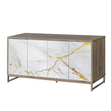 Paavan 65"L Console Cabinet (White Marble Paint, Oak & Champagne)