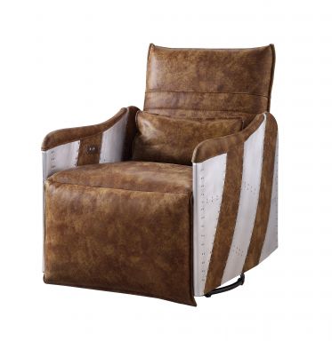Qalurne Top Grain Leather Power Motion Recliner w/Swivel (Two Tone Mocha Top Grain Leather & Aluminu