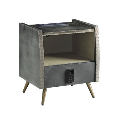 Doris 22"H 1 Drawer Nightstand w/USB & Electric Lock (Gray Top Grain Leather & Aluminum)