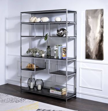 Vonara 49"L Bookshelf (Rustic Gray Oak & Chrome)