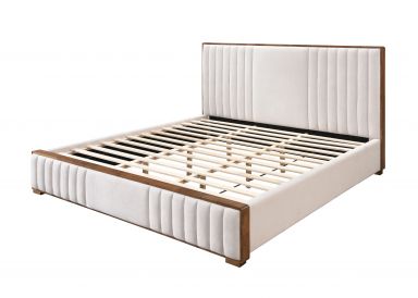 Kaleea Upholstered Eastern King Bed (Beige Chenille & Walnut Finish)